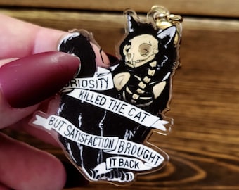 Curiosity Killed the Cat Acrylic Keychain - Double Sided Oddities and Curiosities Illustration Design,  Cat Drawing Vulture Culture Skeleton