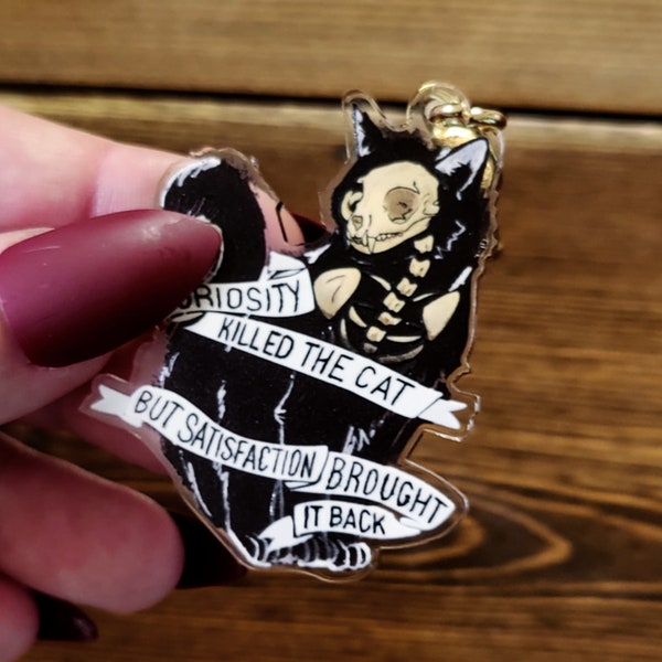 Curiosity Killed the Cat Acrylic Keychain - Double Sided Oddities and Curiosities Illustration Design,  Cat Drawing Vulture Culture Skeleton