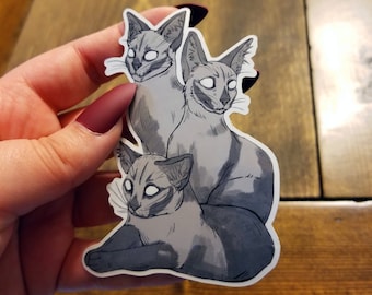 Triplets Sticker - Siamese Cat Dark Aesthetic Art Goth Decal, Creepy Feline Black and White Ink Drawing Laptop Car Phone Sticker Horror Art
