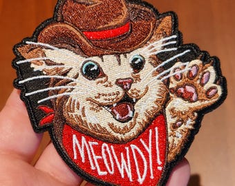 Meowdy Iron On Embroidered Patch - Cowboy Cat - Texan Country Handkerchief Jacket Patch
