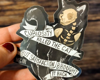 Curiosity Killed the Cat Sticker - Dark Art Weirdcore Vinyl Waterproof Decal Sticker, Creepy Ghost Cat Oddities, Cat Skeleton Art