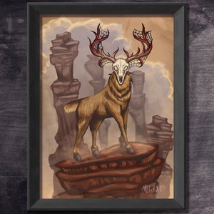 May include: A digital painting of a skeletal deer with red antlers and a web-like pattern. The deer stands on a rocky outcrop against a brown and beige background.