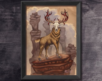 Golden Stag Art Print 11" x 14" - Digital Painting Dark Horror Home Decor, Creepy Cryptid Deer Stag Poster, Mysterious Surreal Animal Odd