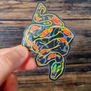 May include: A holographic sticker featuring a stylized snake design. The snake is primarily dark gray with orange and red leaf-like patterns and gold outlines. The text "MEG RAE" is visible on the sticker.