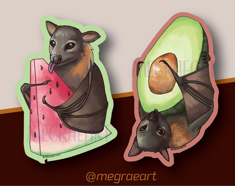 Fruit Bat Eating Watermelon and Avocado Printed Stickers Etsy