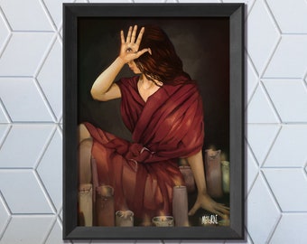 The Seer Dark Art Print 14" x 11" - Creepy Magical Occult Woman Portrait, Magick Third Eye Hand Lit Candles, Goth Home Decor, Witchcraft