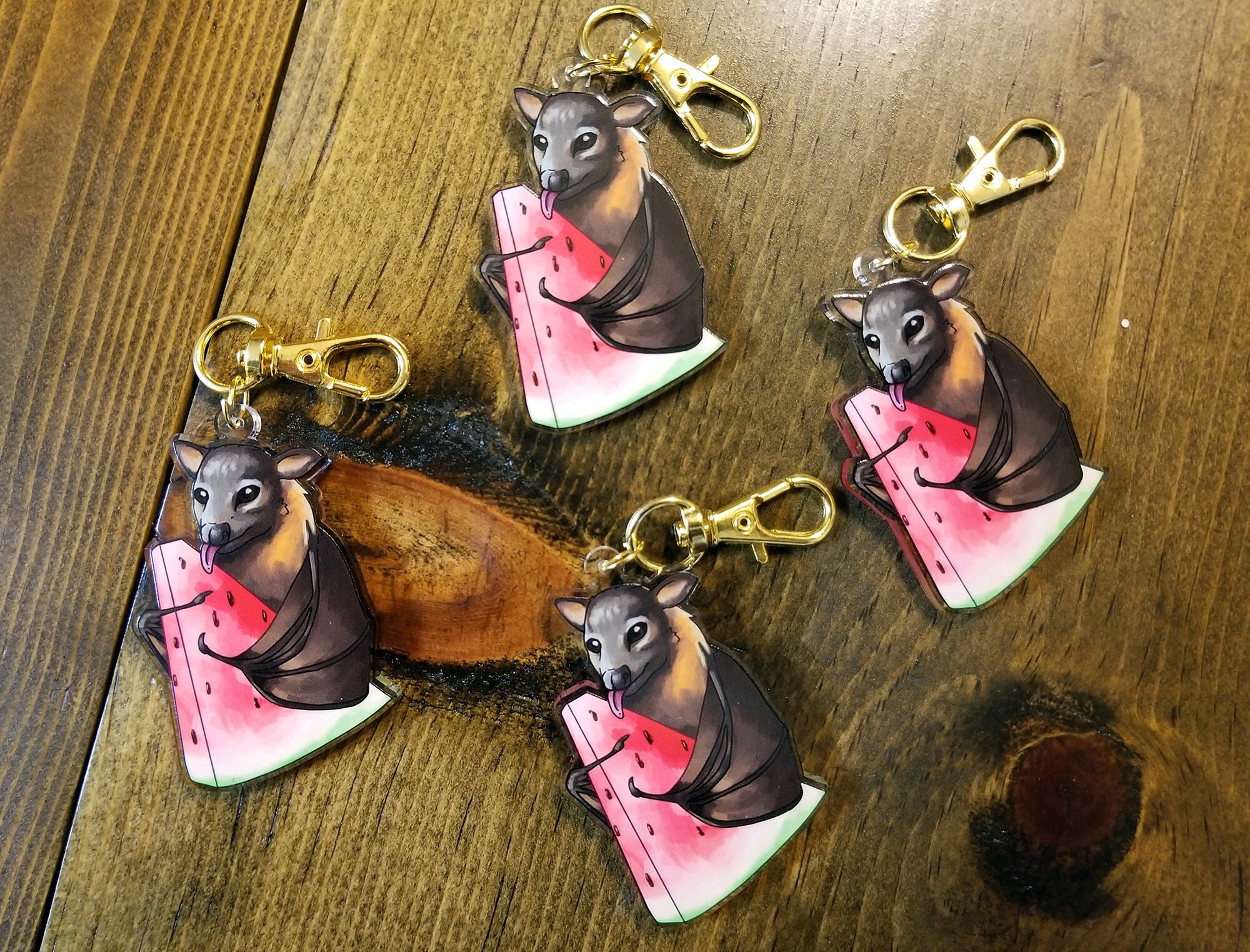 Fruit Bat Eating Watermelon Acrylic Keychain Double Sided Cute Animal