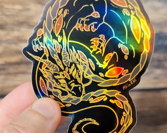 Year of the Dragon Sticker - Gold Foil Mirror Vinyl Sticker Decal Oddities and Curiosities Illustration Design, Mythical Creature Drawing