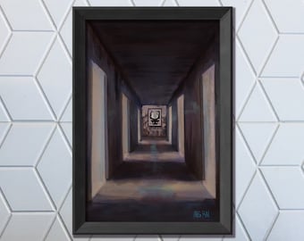 Peeping Creature Fine Art Print - Abandoned Hallway Dark Horror Art, Scary Deer Cryptid Eldritch Horror, Psychodelic Scary Painting