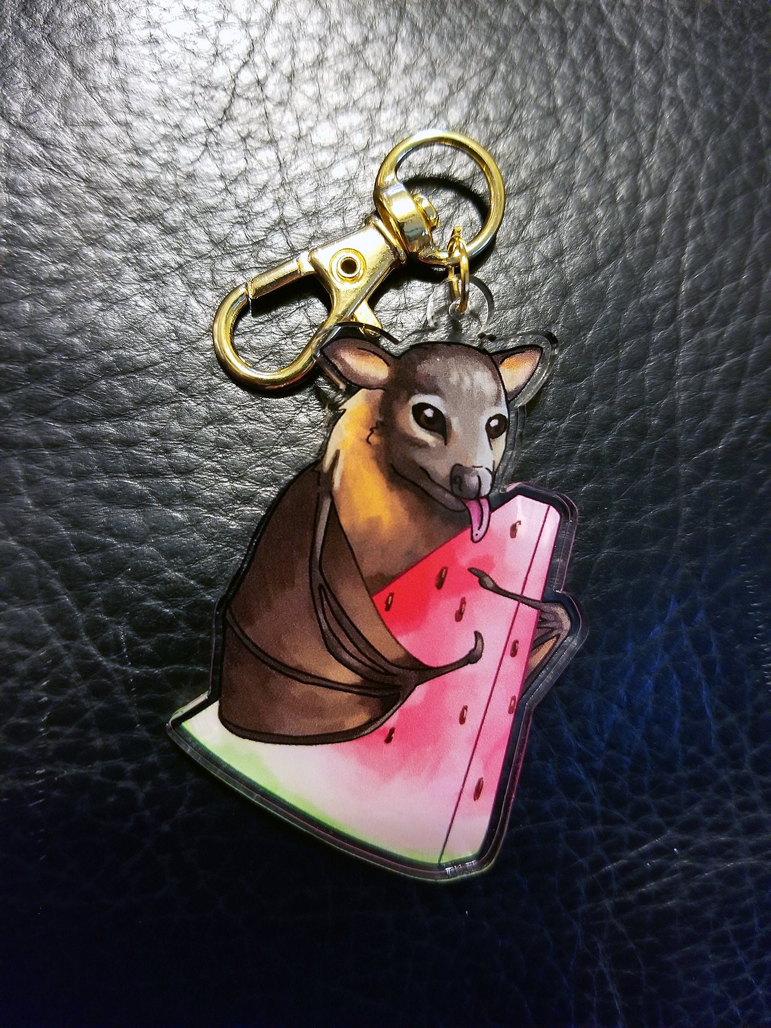 Fruit Bat Eating Watermelon Acrylic Keychain Double Sided Cute Animal