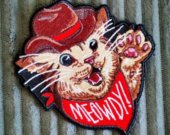 Meowdy Iron On Embroidered Patch - Cowboy Cat - Texan Country Handkerchief Jacket Patch