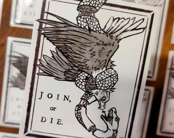Join or Die Sticker  - Patriotic American Snake Eagle Art Illustration, Political Cartoon Human LGBT Immigrant Rights