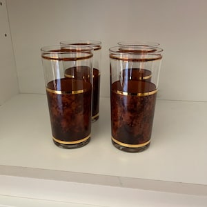 Vintage Barware, Set of Four, MidCentury Highball Glasses with Tortoise Shell Design and Gold Trim - Culver