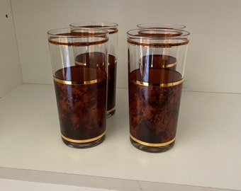 Vintage Barware, Set of Four, MidCentury Highball Glasses with Tortoise Shell Design and Gold Trim