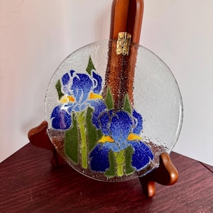 Peggy Karr Fused Art Glass - Blue Iris Small Plate Artist Signed
