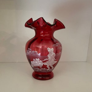 Fenton Signed Mary Gregory Style Cranberry Vase – Hand Painted – all the feels!