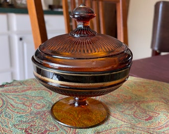Glass Amber Covered Art Deco Compote, Fluted, with Black Reversed Painted Band