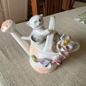 Made in Japan Ucagco Figure Features a Watering Can, a Kitty, and Flowers