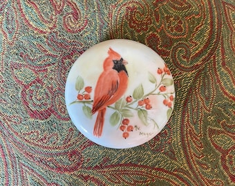 Red Cardinal Paperweight, Floral Early Porcelain, Hand Painted