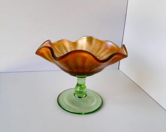 Carnival Glass Compote – Marigold Ruffled Candy Dish with Green Depression Glass Base