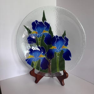 Peggy Karr Fused Art Glass Bowl - Blue Iris Large 13”x 2.5” Retired Artist, Signed
