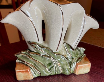 Gorgeous Three Lily Ivory, Green and Gold McCoy Vase
