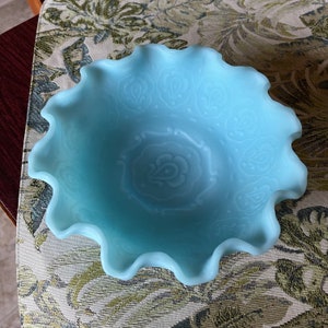 Fenton Blue Satin Persian Medallion Ruffled Edge Bowl -  a Real Beauty