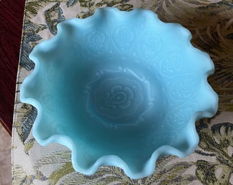 Fenton Blue Satin Persian Medallion Ruffled Edge Bowl -  a Real Beauty