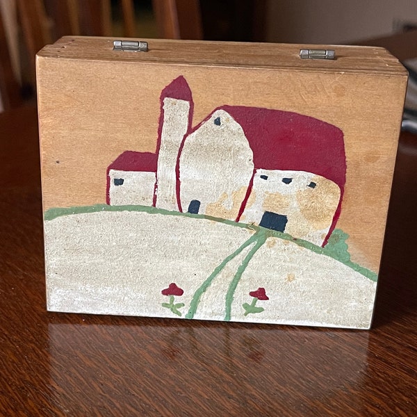 Sweet Folk Art Hand Painted Box, Barn, Silo, Shed