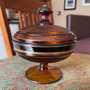 Amber Glass Covered Art Deco Compote, Fluted, with Black Reversed Painted Band