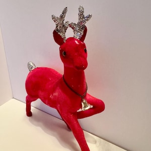 Christmas Reindeer, Red Flocked Plastic, Made in Japan, Silver Glitter Antlers, a Must Have!