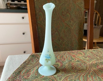 Fenton Satin Glass Swung Vase – Dainty Bud Vase Size - Hand Painted Blue Roses on Light Blue Glass, Signed