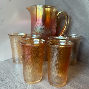Marigold Carnival Glass Water Pitcher and Six Glasses Set - Imperial Jeanette Tree Bark Design - Free Shipping!!