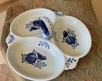 Royal Copenhagen Fajance Divided Relish Dish Blue and White Floral Decorated