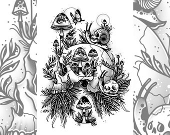 Skull and Mushrooms and Snails by Ella Mobbs Creep Heart Tattoo Art Flash Traditional