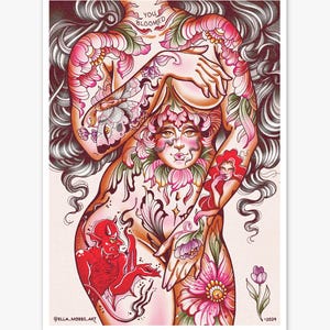 Body Flowers Tattooed Torso Limited Edition Neo Traditional Tattoo Flash Print by Ella Mobbs Art