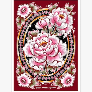 May include: A floral art print featuring pink peonies and smaller flowers, set against a deep red background. The design is framed within a black and gold oval, with the text "@ELLA_MOBBS_ART-2026" at the bottom. The artwork has a tattoo-inspired aesthetic.