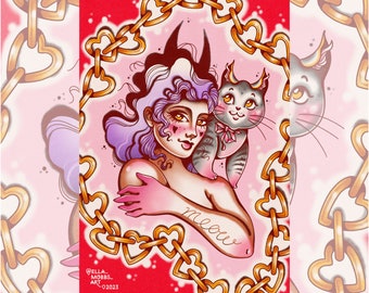 Devil Cat Lady by Ella Mobbs Creep Heart Tattoo Art Flash Traditional