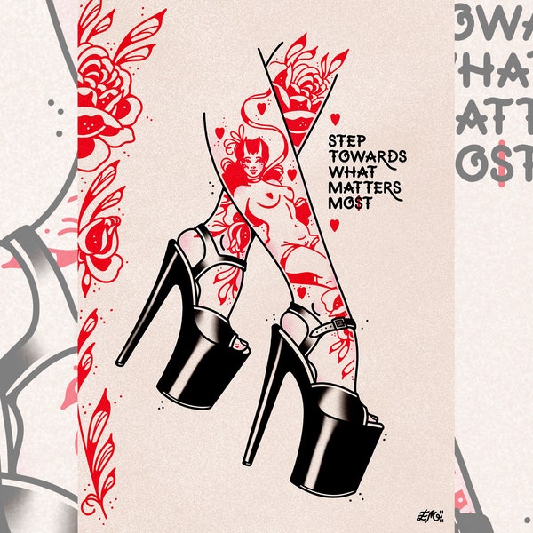 Pleaser Stripper Heels Pin Up Roses Step Towards by Ella Mobbs Creep Heart Tattoo Art Flash Traditional