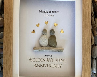 Anniversary pebble art: 10x8” Golden Anniversary, Traditional style Silver anniversary. . Personalised pebble picture