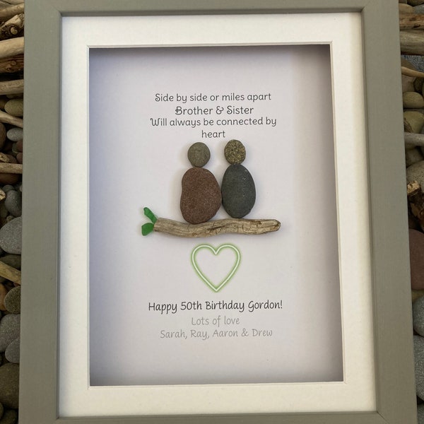 Brother/Sister Pebble art- framed and personalised. Sibling pebble picture. Sibling gift