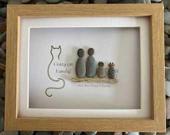 Personalized Pebble Cat Family Portrait - Framed 10x8" Cat Lover Gift