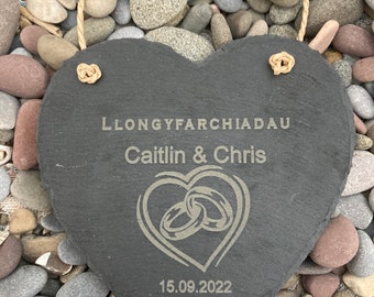 Llongyfarchiadau ar eich Priodas- Anrhegion Cymraeg, Personalised Welsh heart slate, congratulations on your wedding