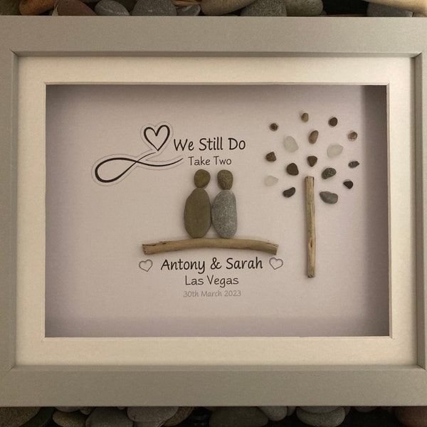 Renewal of Wedding vows gift. Personalised pebble art with infinity heart design