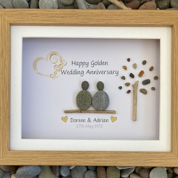 Anniversary pebble art: 10x8” Golden Anniversary, tin anniversary, silver anniversary. Special anniversary gift. Personalised pebble picture