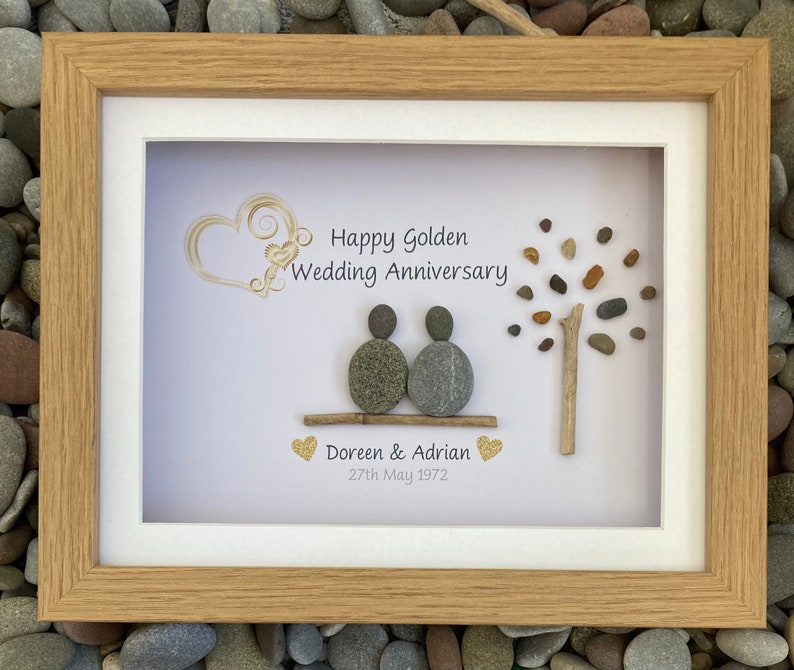 Anniversary pebble art: 10x8 Golden Anniversary, tin anniversary, silver anniversary. Special anniversary gift. Personalised pebble picture imagem 1