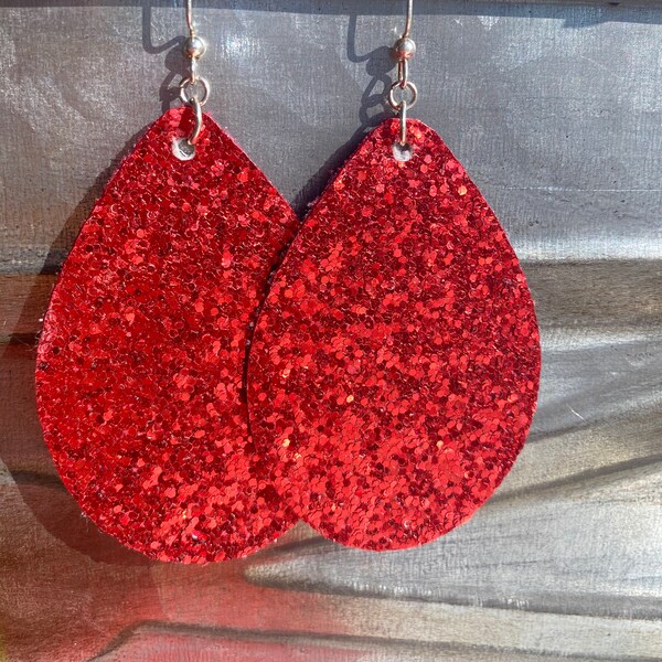 Red Chunky Glitter Tear Drop Earring | Faux leather | Sparkle Sequin | Wizzard of Oz | There's No Place Like Home | Holiday Jewelry