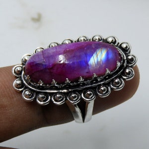 Pink Rainbow Moonstone Silver Ring, Moonstone Oval Ring, 925 Sterling Silver Ring, Moonstone Jewelry, Dainty Silver Ring, Gifts for Women
