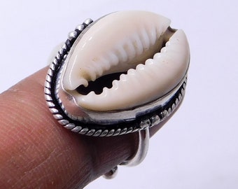 Sterlingzilveren geld kauri schelpring - verstelbare boho statement ring