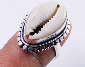 Money Cowrie Sea Shell Ring: Handmade 925 Sterling Silver Boho Ring